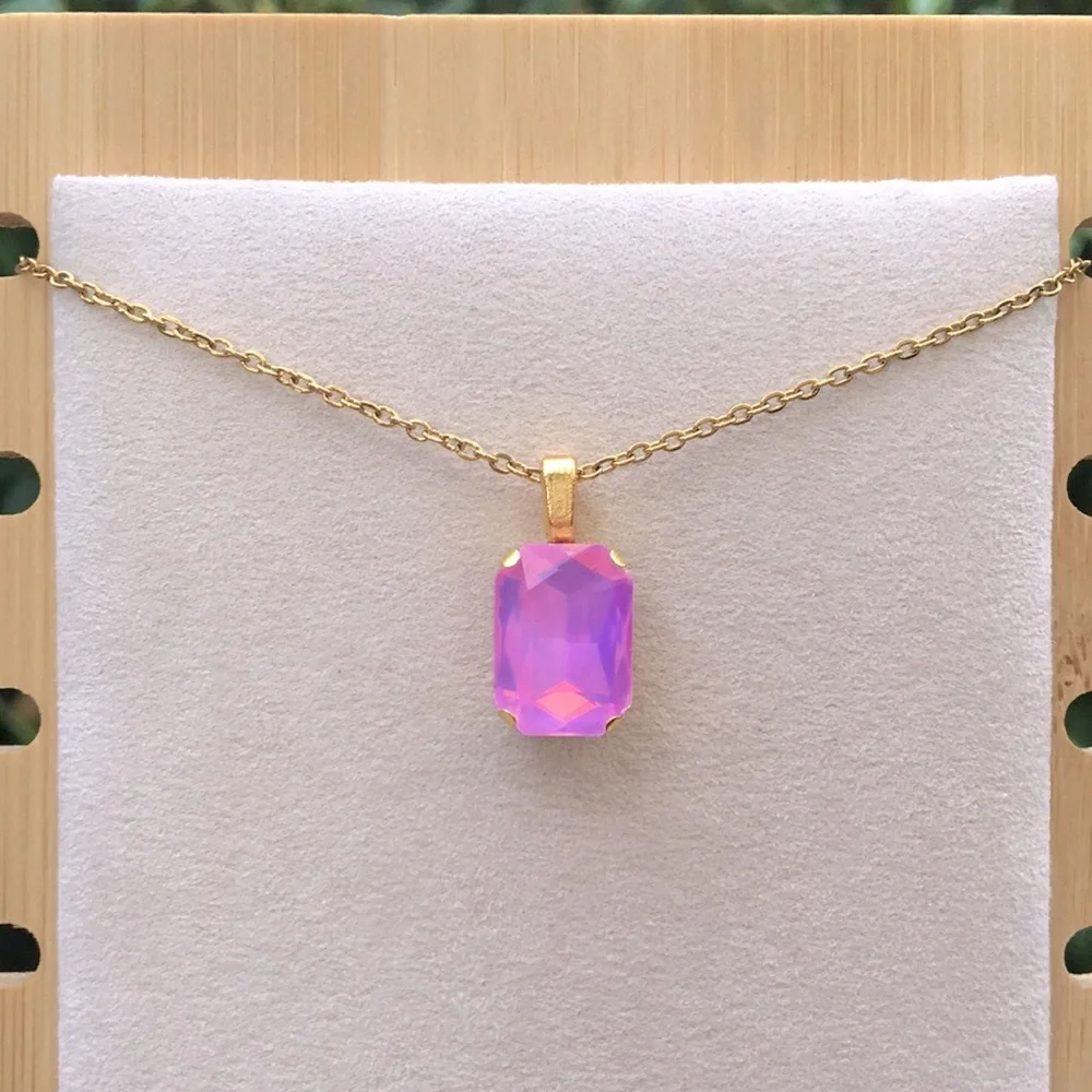 Pink-Purple Opal Aurora Borealis + Gold Emerald Cut Crystal Pendant Necklace - Picture 12 of 14